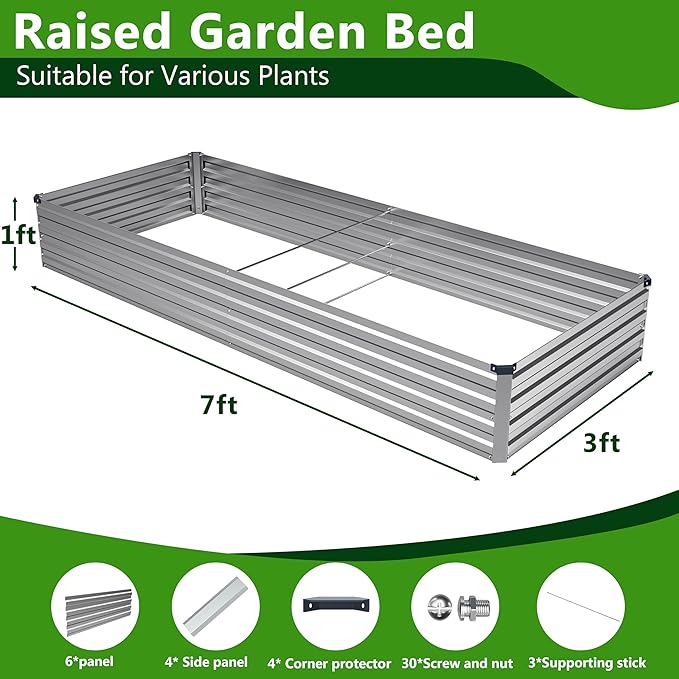 2PCS 7x3x1ft Galvanized Raised Garden Bed Kit, Galvanized Planter Raised Garden Boxes Outdoor, Large Metal Raised Garden Beds for Vegetables,Silver