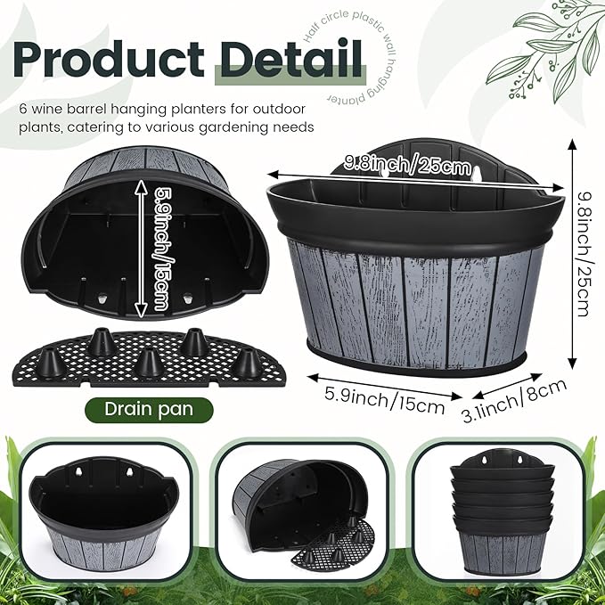 Layhit 6 Pcs Wall Hanging Planters Outdoor Pot Planter Wine Barrel Planter Distressed Oak Thickened Plastic Water Storage Flower Pots for Flower Indoor Outdoor(10 Inches,Black)