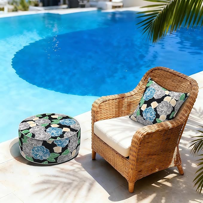 LVTXIII Inflatable Stool Ottoman Footrest with Handle, Decorative Fade-Resistant Foot Stool, Indoor or Outdoor Pouf for Home Garden and Camping Use, 21x21x9, Peony Garden