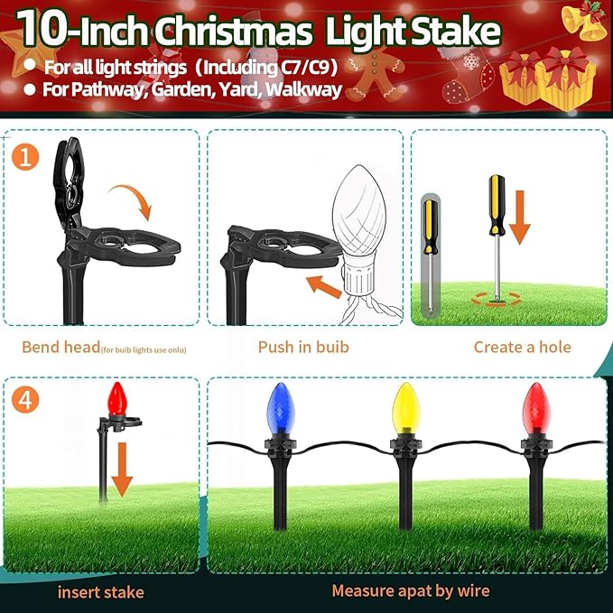 50 Pack Christmas Light Stakes 8.5"-10" for C7 and C9 String Lights,Outdoor Light Stakes, Garden, Lawn, Pathway, Patio, Path, Walkway, Christmas Decoration
