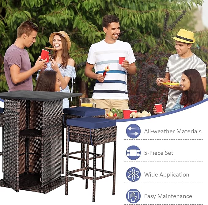 Tangkula 5 Piece Outdoor Rattan Bar Set, Patio Bar Furniture with 4 Cushions Stools and Smooth Top Table with Hidden Storage Shelf, Outdoor Conversation Set for Poolside, Backyard, Lawn (Navy Blue)