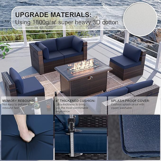 Kullavik 11 Pieces Outdoor Patio Furniture Set,PE Wicker Rattan Sectional Sofa Patio Conversation Sets with 43" 55000BTU Gas Propane Fire Pit Table,Swivel Rocking Chairs Set,Navy Blue