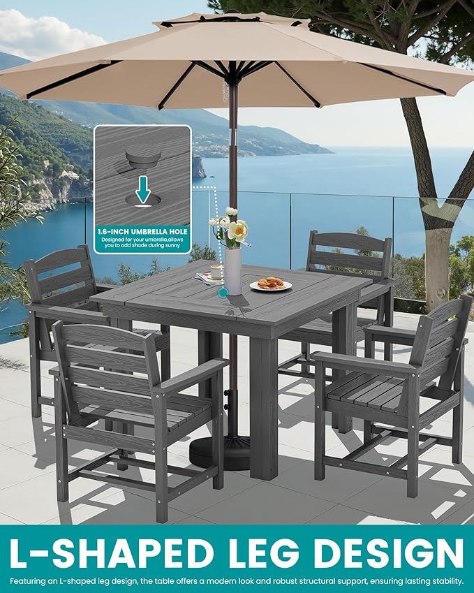SERWALL Outdoor Dining Set for 4, HDPE Square Table and Chairs Set All Weather Patio Dining Set with 4 Classic Dining Chairs, 5-Piece Patio Dining Furniture for Deck, Gray