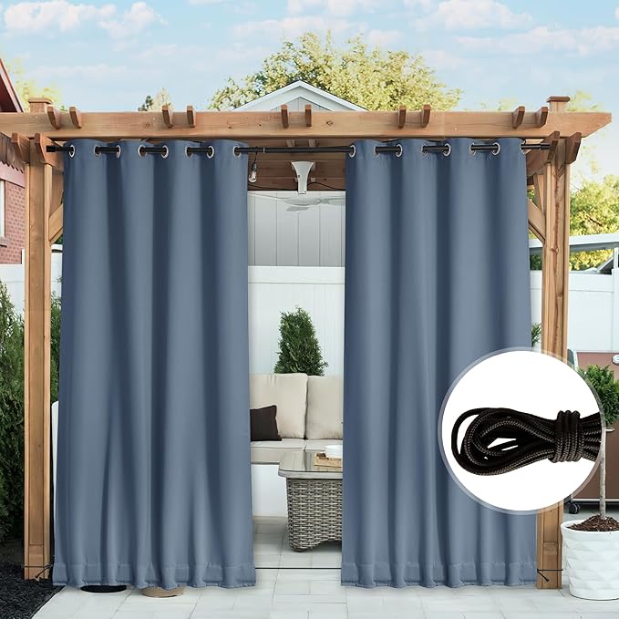NICETOWN 2 Panels Outdoor Curtains for Patio Extra Wide 84", Waterproof & Windproof Grommet & Back Tab Fixed Top and Bottom Sun Blocking Privacy Drapes with Rope for Gazebo, Stone Blue, W84 x L84