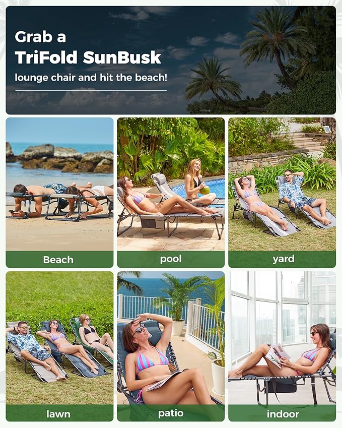 KingCamp 2 Pack Folding Lounge Chair Outdoor, Tanning Chair with Face Hole Comfy Adjustable 5-Position Foldable Chaise Chaser Lounger for Outside Beach Patio Sun Bathing Pool, Green/White