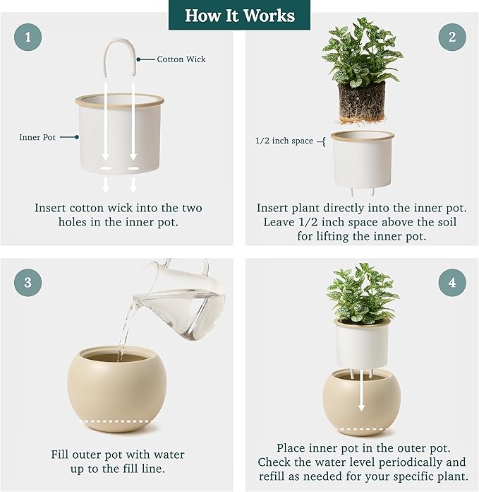 Ceramic Self Watering Plant Pot | 6.8 Inch Pot with 4.5 Inch Inner Pot for Small Plants | Ivory Pot for Indoor Plants | Round Self Watering Planter | Bottom Watering Pots for Indoor Plants