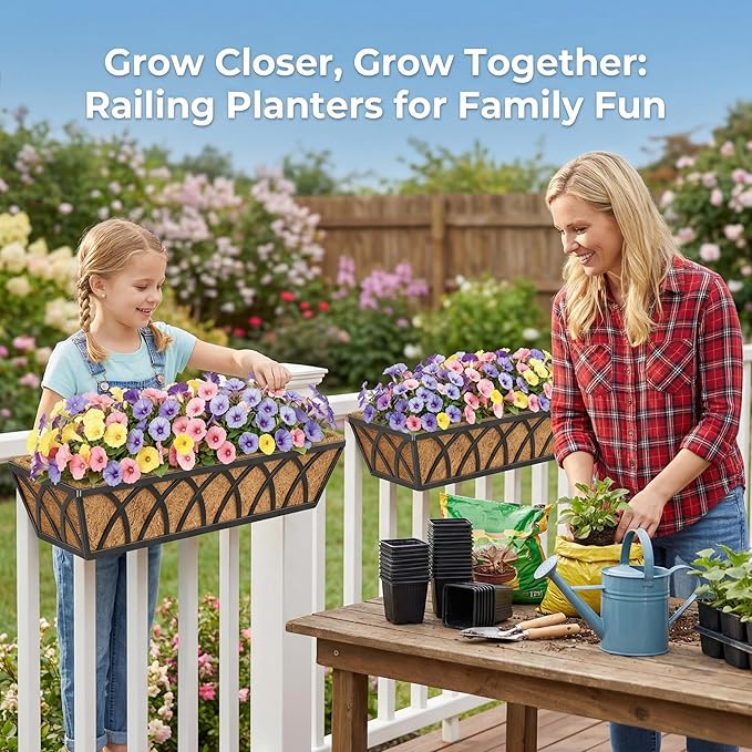 HFHOME 2 Pcs 30" Window Box Deck Railing Planter with Horse Trough Coco Liners, Black Metal Hanging Flower Planters Baskets for Indoor, Outdoor, Balcony, Porch, Fence, Patio, and Lawn