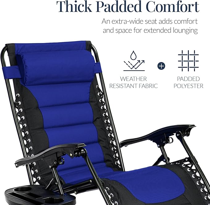 Best Choice Products Oversized Padded Zero Gravity Chair, Folding Outdoor Patio Recliner, XL Anti Gravity Lounger for Backyard w/Headrest, Cup Holder, Side Tray, Polyester Mesh - Blue