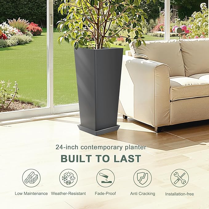 Set of 2 Tall Planters with Drainage Tray, 24 Inch Large Flower Pots for Indoor Outdoor Plants Mordern Planter Weather-Resistant for Patio, Front Door Decor, Garden (Gray)