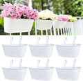 LaLaGreen Rail Planter Outdoor (6 Pack, 11.8 Inch) White Metal Iron Hanging Flower Pots Deck Railings Fence Buckets Modern Countryside Boho Style Wall Mount Window Box Plant Holder Hooks Porch Decor