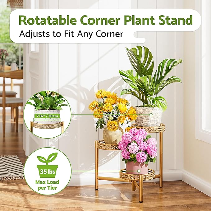 Metal Plant Stand Indoor Outdoor, 3 Tier Corner Tall Plant Shelf for Multiple Plants, Tiered Plant Stand, Heavy Duty Flower Holder, Folding Tall Rack for Garden Patio Balcony - GoldWave