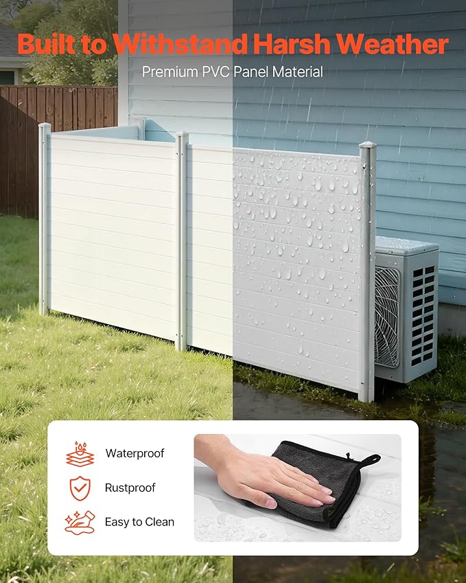 VEVOR Outdoor Privacy Screen, 50in H x 50in W Air Conditioner Fence, 3-Panel Pool Equipment Enclosure, Horizontal PVC Privacy Fence with 27.5 in Ground Stakes, No Dig Trash Can Fence for A/C Units