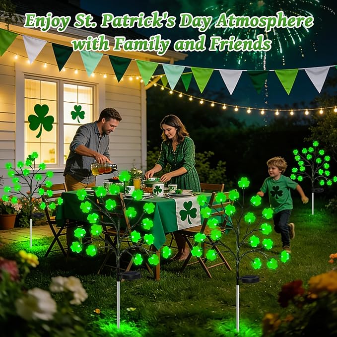 4 Pack St Patricks Day Solar Outdoor Lights, 80 LED St Patricks Day Decorations, Solar Shamrock Stakes Lights with 8 Modes, Waterproof Lucky Green Clover Pathway Light for Yard Garden Lawn Decor