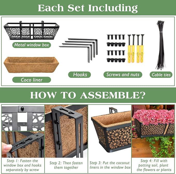 ZeeDix Railing Planter Boxes, 24 Inch Window Flower Box Planters with Coco Liner & Adjustable Brackets for Deck Porch Fence Patio Balcony Gardening Outdoor Plants (2 Pack)