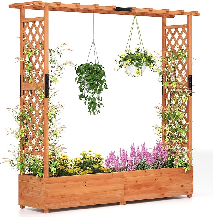 Giantex Raised Garden Bed with Trellis & Hanging Roof, Wood Planter Box with Bottom and Drainage Holes, Freestanding Garden Planter for Flower Vegetable Fruit Herb Climbing Vines, 77"x17"x72"