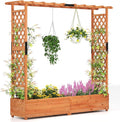 Giantex Raised Garden Bed with Trellis & Hanging Roof, Wood Planter Box with Bottom and Drainage Holes, Freestanding Garden Planter for Flower Vegetable Fruit Herb Climbing Vines, 77"x17"x72"