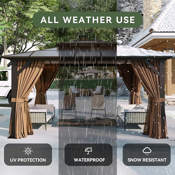 Aoxun 12'x10' Hardtop Gazebo, Aluminum Frame Permanent Pavilion with Curtains and Netting, Outdoor Polycarbonate Double Roof Canopy, Designed for Garden, Lawns, Patio, Brown