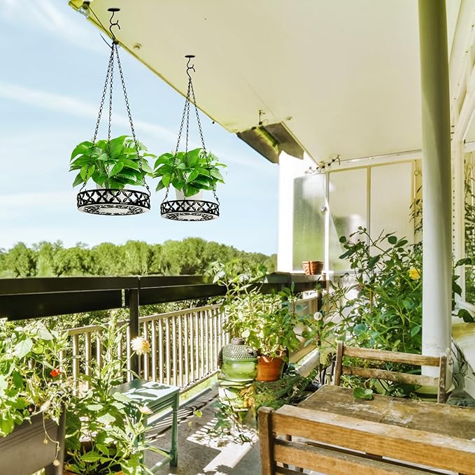 2 Pack Hanging Planters, 9.8 Inch Metal Plant Hanger, Decorative Glossy Black Plant Pot Holder, Planter Hanging Baskets with Chains and Hooks for Indoor or Outdoor Balcony Porch Home Decor