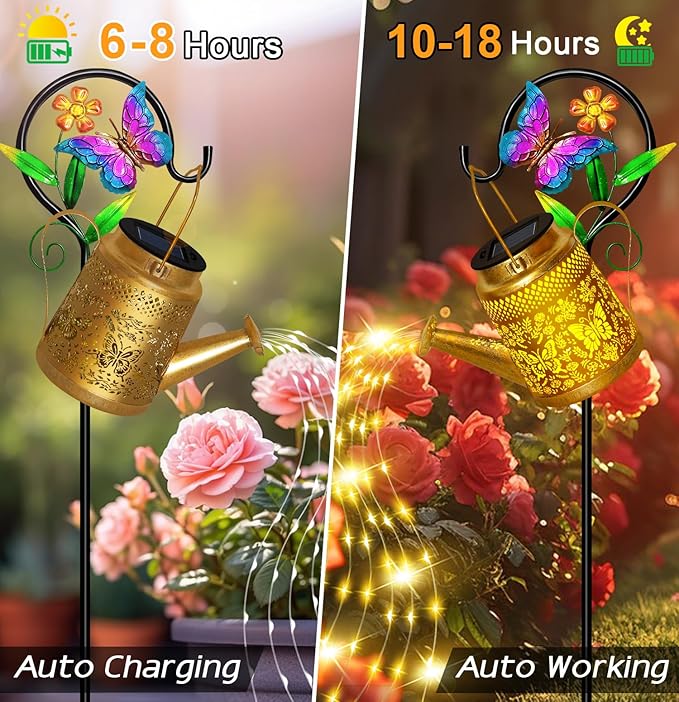Solar Watering Can Lights Outdoor Garden Decor, Large Butterfly Hanging Lantern with Shepherd Hook, Waterproof Garden Lights for Outdoor Landscape Pathway Yard, Gift for Mom Grandma Christmas Gifts