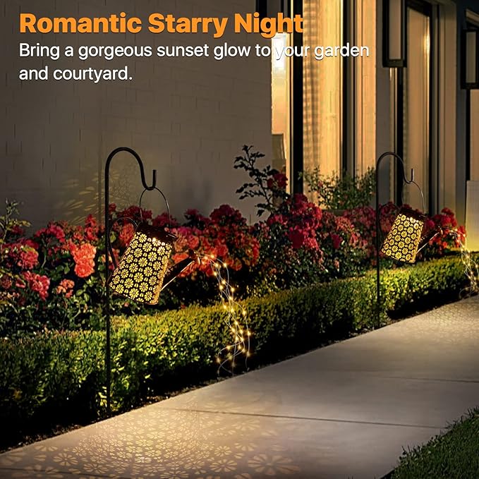Outdoor Solar Watering Can with Lights Garden Decor Large Solar Powered Lanterns Hanging Waterproof LED Decorative Retro Metal Kettle String Lights for Table Yard Pathway Walkway Gardening Gifts