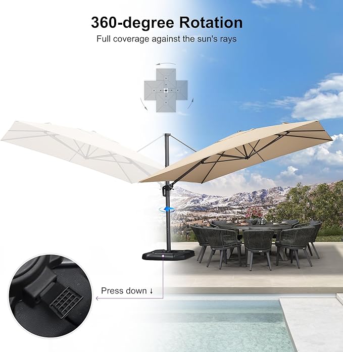 PURPLE LEAF 11.5' X 11.5' Telescopic Patio Umbrella with Base Included Lifting Cantilever Offset Square Large Umbrella for Pool Outdoor Patio Deck Garden Beige