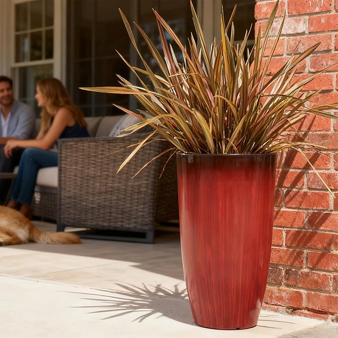 Worth Garden 23.5" H. Large Plastic Planters - Set of 2 Gradient Red Glossy Smooth Finish - Tall Plant Pots for Indoor & Outdoor Use - Decorative Lightweight Flower Pots for Front Porch, Patio, Deck