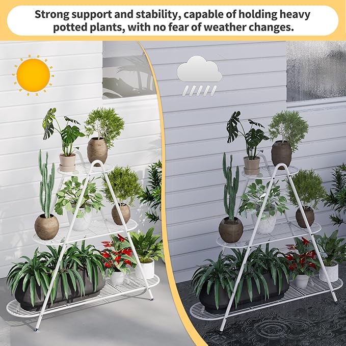 Plant Stand for Patio, 3-Tier Metal Plant Shelf–Indoor/Outdoor Display Rack for Multiple Pots, Heavy Duty Plants, Garden Flower Organizer (White)