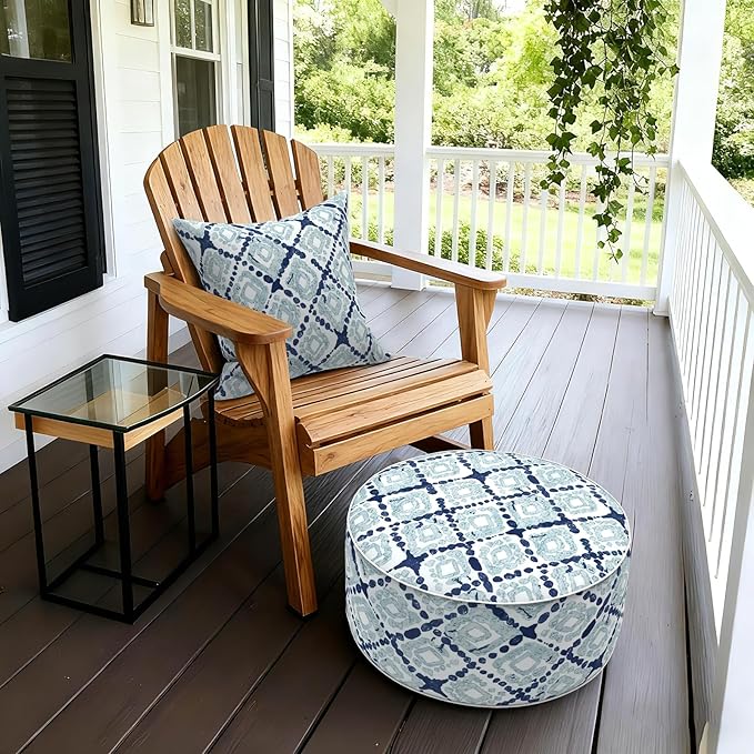 LVTXIII Inflatable Stool Ottoman Footrest with Handle, Decorative Fade-Resistant Foot Stool, Indoor or Outdoor Pouf for Home Garden and Camping Use, 21x21x9, Boho Geometry Blue