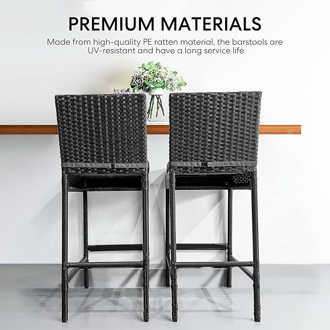 VIVOHOME Outdoor Wicker Barstool 4 Packs, Bar Chairs PE Rattan Materail, Patio Stools with Cushions, Black