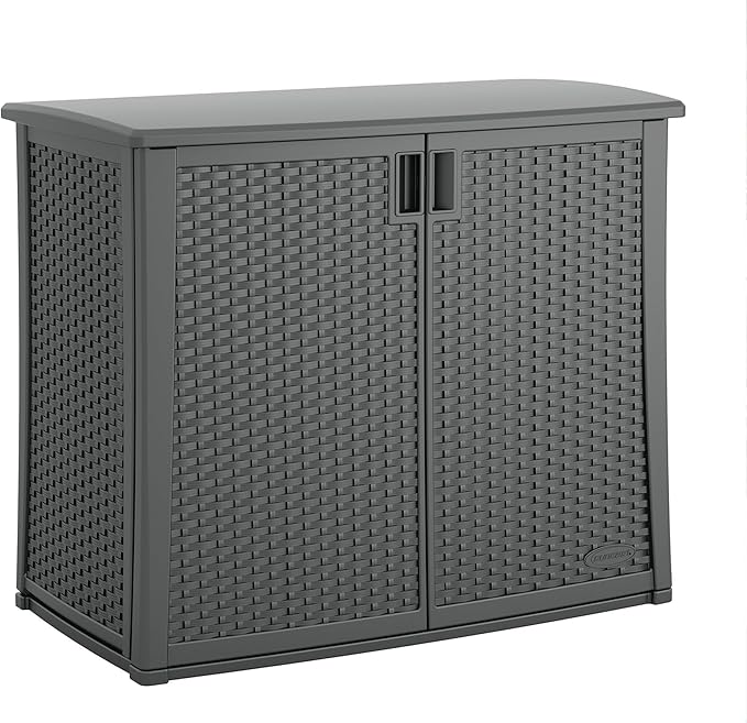 Suncast Resin Outdoor Storage Cabinet, Cool Gray Wicker Resin Outdoor Cabinet, Weatherproof, Lockable Outside Storage for Patio, Deck, Balcony, Porch, Backyard, or Garden, Made in the USA