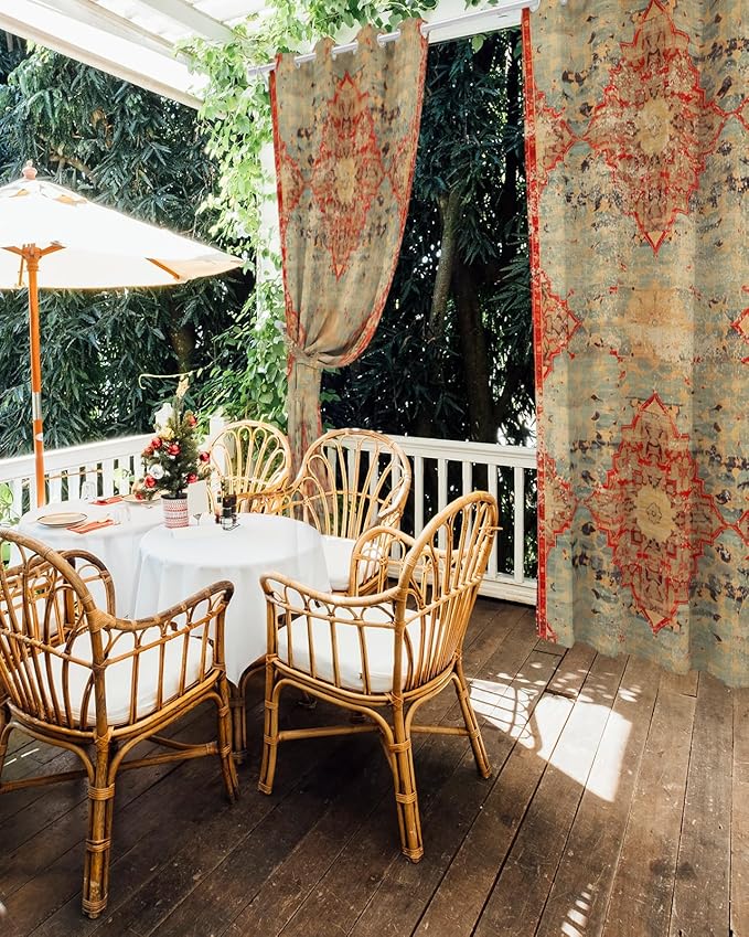 Boho Outdoor Curtains for Patio Waterproof, Grommet Privacy Curtain Drapes Weatherproof Outside Curtains for Porch GazeboPergola Cabana 2 Panel 54x84inch Rustic Bohemian Floral Tribal Orange