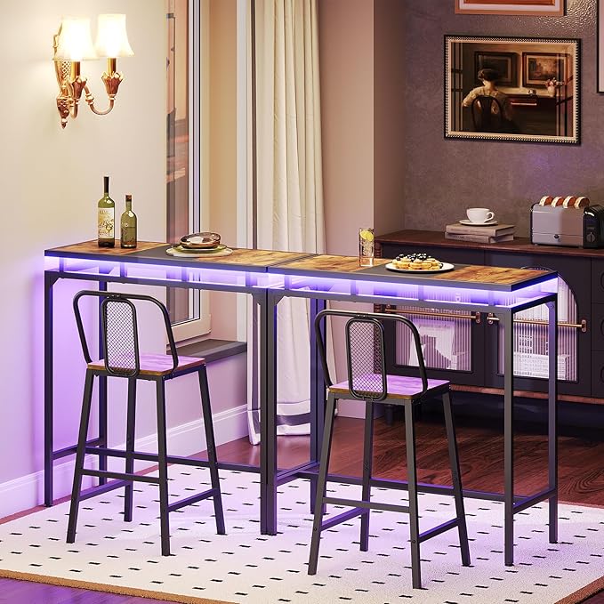 Bar Table with LED Lights, Counter Height Table, Bar Height Pub Table, Metal Frame, for Living Room, Dining Room, Pub, Black BT01DBK