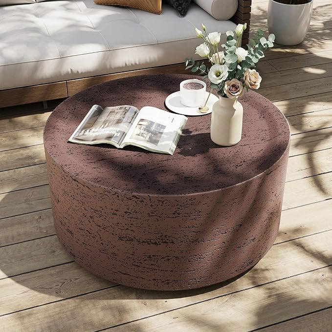 UPHA Outdoor Round Coffee Table, Small Modern Minimalist Accent Tables, Low Light Concrete Center Table for Living Room, Outside Patio, Deck, 28×28×13, Rust Red