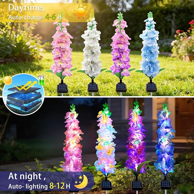 Solar Garden Lights, Solar Delphinium Flowers Lights 8 Pack 160 LEDs, Waterproof Outdoor Light Two Lighting Modes for Wedding Party Garden Yard Patio Lawn Decor and Gift for Mother