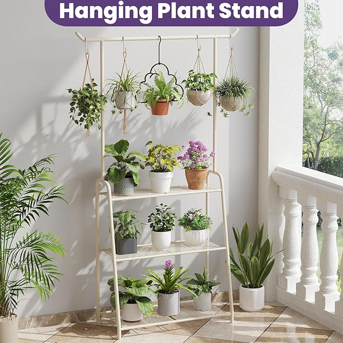Metal Plant Stand Indoor Outdoor, 3 Tier Tall Corner Plant Shelf, Hanging Flower Ladder for Living Room, Balcony, Garden, Patio (White)