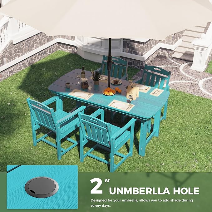 HDPE Outdoor Dining Set, Patio Table and Chairs Set, All-Weather 5-Piece Outside Table and 4 Chairs, 2" Umbrella Hole, Outdoor Furniture for Garden, Poolside, Backyard, Deck | Lake Blue