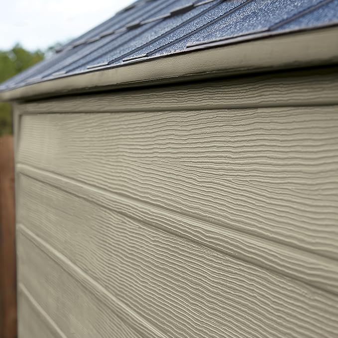 Rubbermaid Resin Outdoor Storage Shed with Floor (7 x 7 Ft) Weather Resistant, Brown Gable, Organization for Home/Backyard/Garden Tools/Lawn Mower/Bike Storage/Pool Supplies