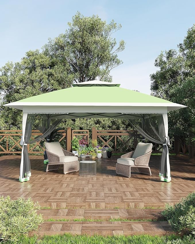 Canopy Tent 13x13 ft, Pop Up Gazebo One-Push Setup with 4 SandBags for Backyard Parties and BBQs, Mosquito Netting & Height Adjustable - Olive Green