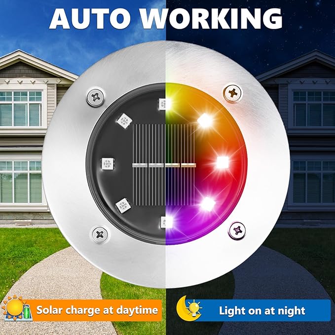 LYHOPE Solar Ground Light Outdoor, 16 Pack 8 LED Color Changing Solar Disk Lights Waterproof Garden In-ground Pathway Lights Landscape Lighting for Lawn,Yard,Deck,Patio,Walkway (RGB)
