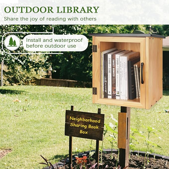 Outdoor Library Outdoor Book Box Storage Small Wooden Cabinet Little Literature Box for Neighborhoods Community and Schools Sharing Books, Flyers, Newspapers, Food and Art (A)