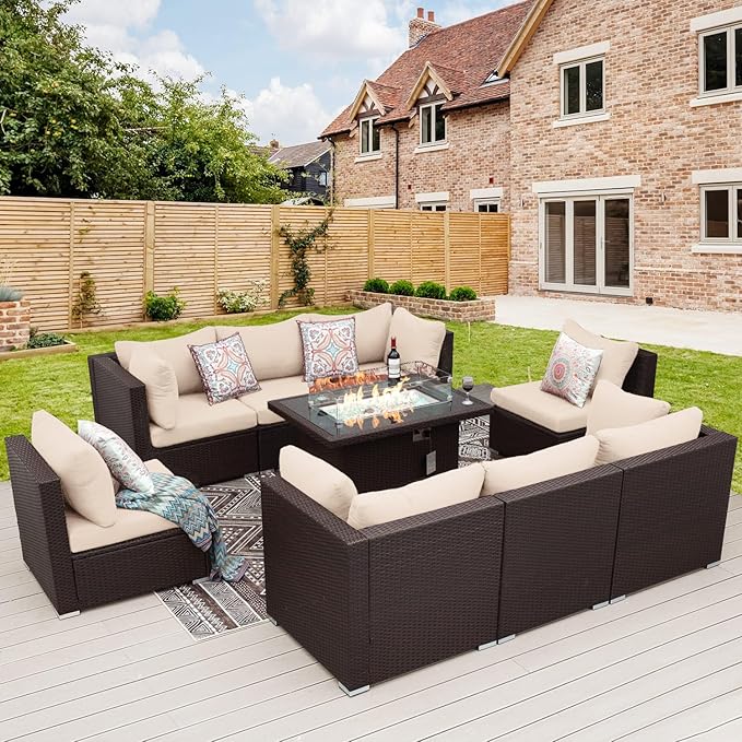 NICESOUL 9 Piece Patio Furniture Conversation Set, Extra Large Size Outdoor Rattan Sectionals with Fire Pit Table Natural Gas & Propane Convertible, 29.3'' High Back 8 Seater Deep Wide Sofa, Espresso