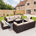 NICESOUL 9 Piece Patio Furniture Conversation Set, Extra Large Size Outdoor Rattan Sectionals with Fire Pit Table Natural Gas & Propane Convertible, 29.3'' High Back 8 Seater Deep Wide Sofa, Espresso