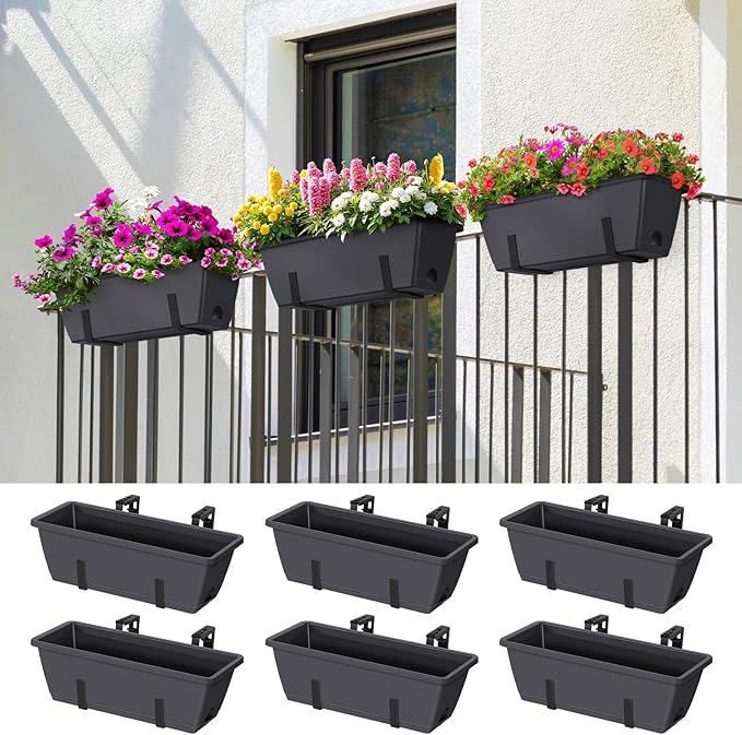 ETELI Deck Railing Planter Boxes 6 Pack Window Box with Brackets Adjustable Balcony Fence Planters Hanging Flower Boxes for Porch Patio Garden Outdoor, Grey & Black