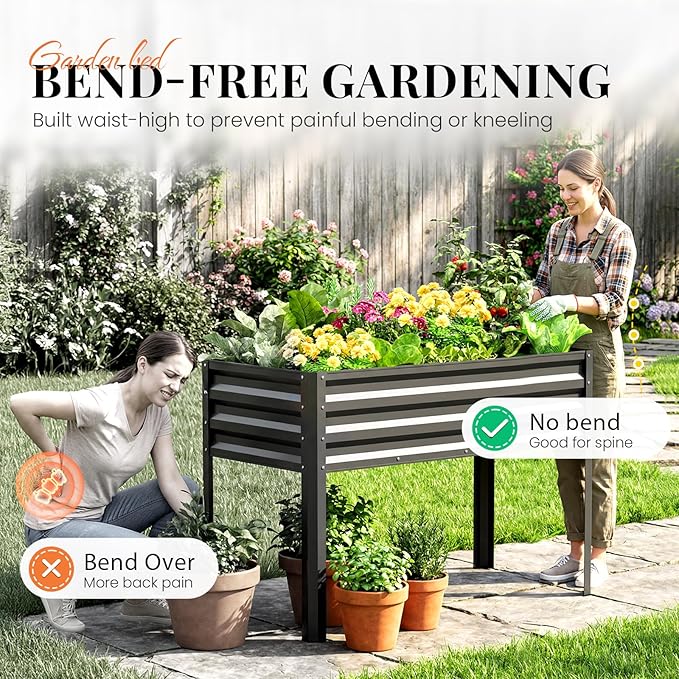 KING BIRD Large Raised Garden Bed with Legs Galvanized Elevated Planter Box 48×24×32 in for Backyard, Patio, Balcony, 400lb Capacity, Dark Grey