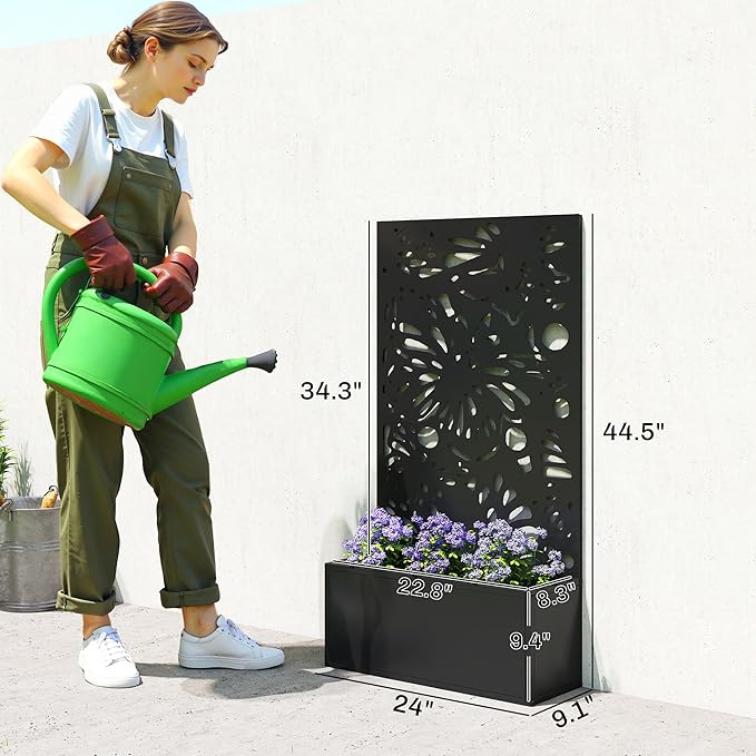 Outsunny Metal Raised Garden Bed with Trellis for Climbing Plants, Freestanding or Wall Mounted Flower Bed with Privacy Panel, Butterfly Cut-Out Outdoor Planter Box for Garden, Patio, Balcony