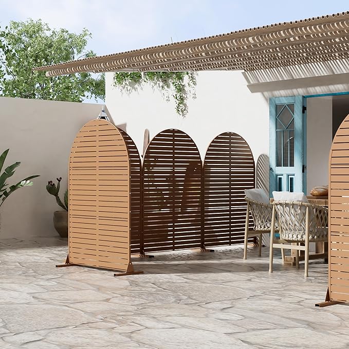 Casaphoria 72" H x 47" W Arched Metal Privacy Screen - Elegant Freestanding Outdoor Screen for Deck, Patio & Balcony - Versatile Decorative Privacy Panels for Home & Garden Use (Brown-Louvered)