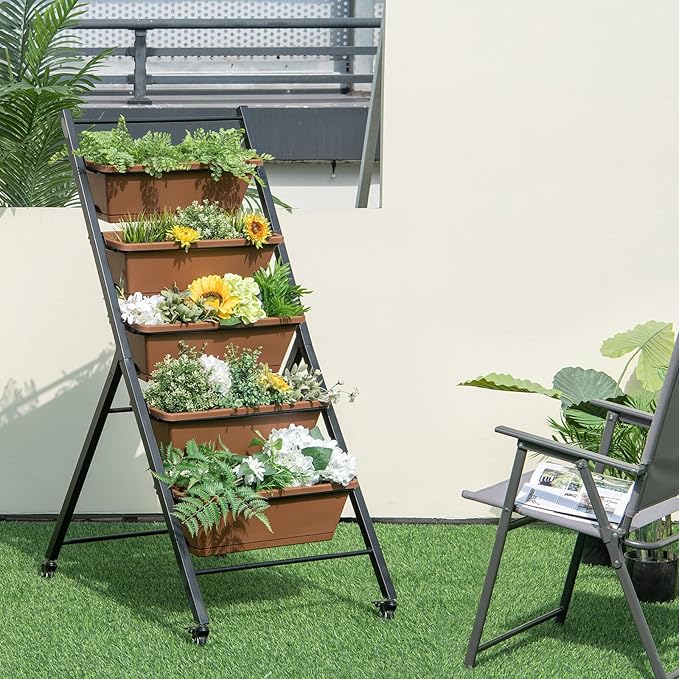 Giantex Vertical Raised Garden Bed on Wheels, 5-Tier Elevated Planter Boxes, Garden Beds with Drain Hole, Freestanding 5 Containers for Herb Vegetables Flowers Growing, Indoor Outdoor Patio Balcony