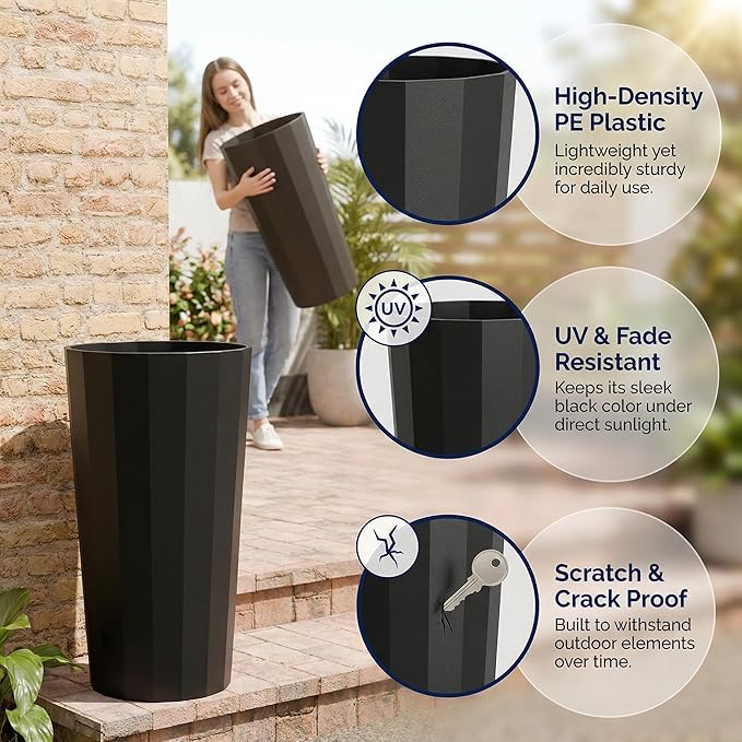 23.6" H Tall Planters for Outdoor Plants, 2 Pack Large Outdoor Planters for Porch Decor with Automatic Drainage Hole, Plastic Stripe Design Flower Pots Fits Indoor Plants Patio Garden, Black