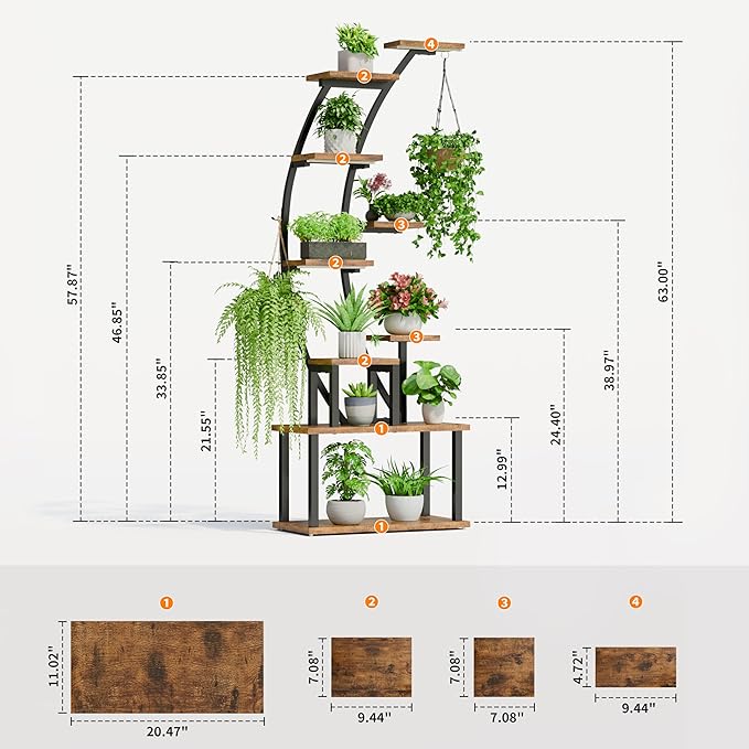 Plant Stand Indoor with Grow Lights, 63" Tall Indoor Plant Shelf, 9 Tiered Corner Plant Holder, Large Flower Display Shelf for Living Room, Bedroom, Office, Home Decor