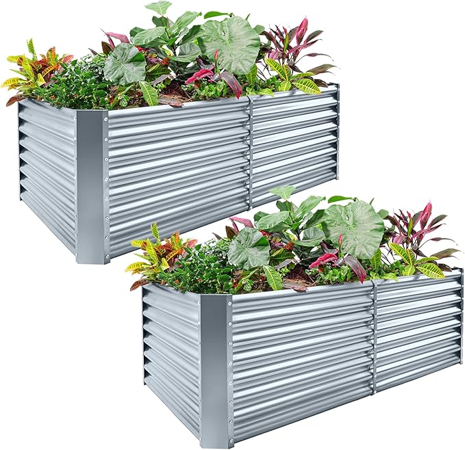 Land Guard 2 Pack 8×4×2ft Galvanized Raised Garden Bed Kit, Galvanized Planter Raised Garden Boxes Outdoor, Large Metal Raised Garden Beds for Vegetables (Modern Grey)